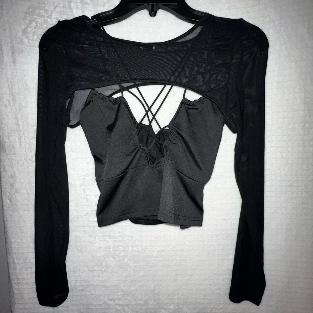 SHEIN Black Mesh Long Sleeve Crop Top